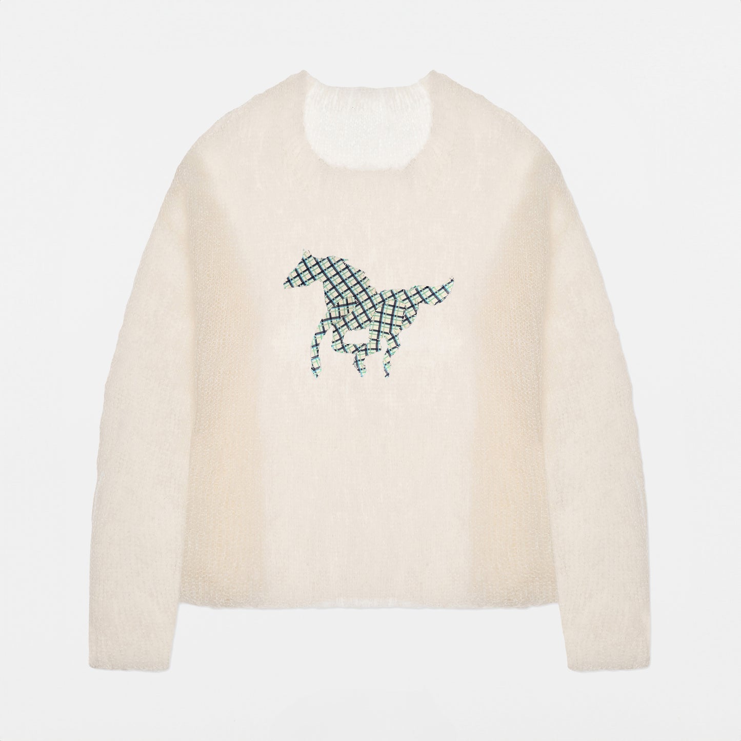 Cream Mohair Handknit Pullover with Plaid Pony