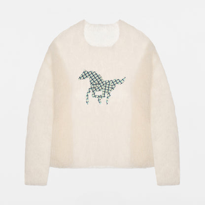 Cream Mohair Handknit Pullover with Plaid Pony