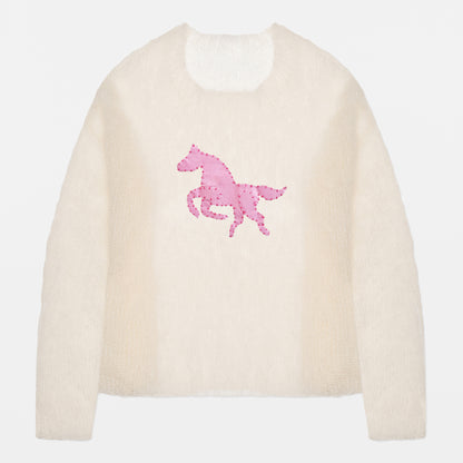 Cream Mohair Handknit Pullover with Pink Pony
