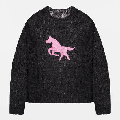 Black Mohair Handknit Pullover with Pink Pony
