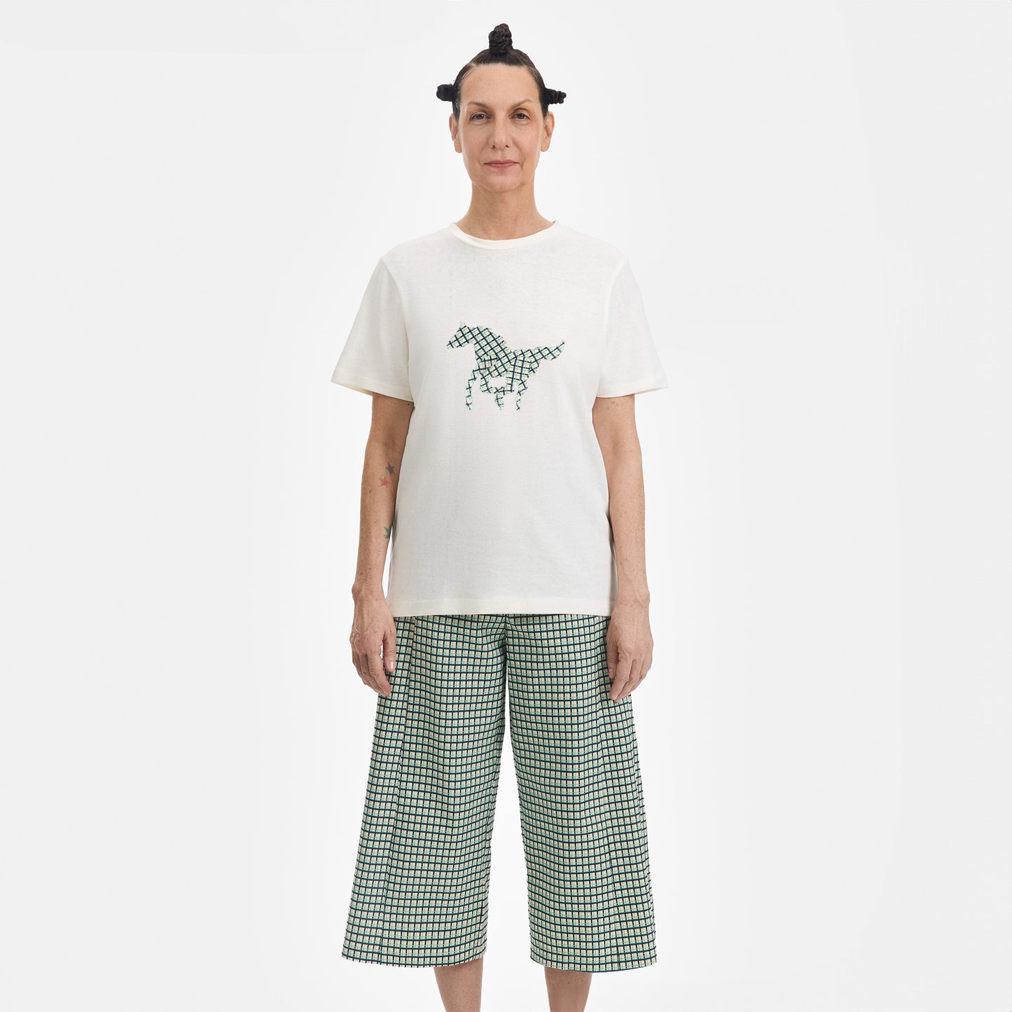 White T-Shirt with Plaid Pony Patch
