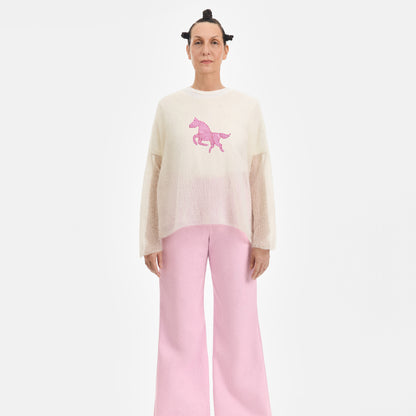Cream Mohair Handknit Pullover with Pink Pony