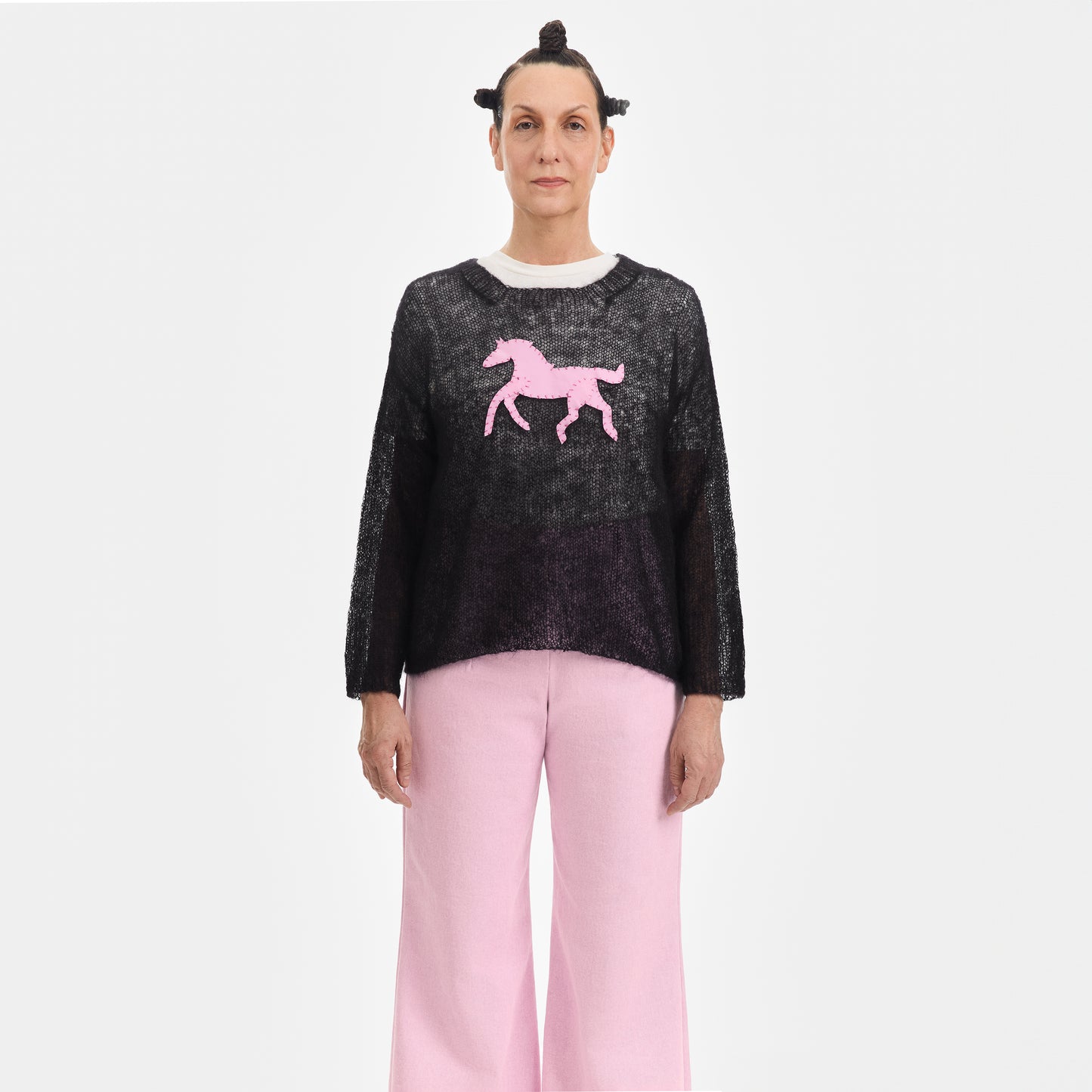 Black Mohair Handknit Pullover with Pink Pony