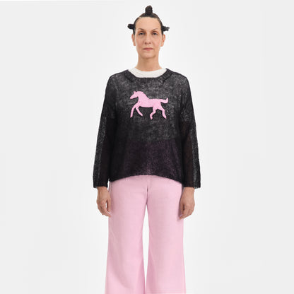 Black Mohair Handknit Pullover with Pink Pony