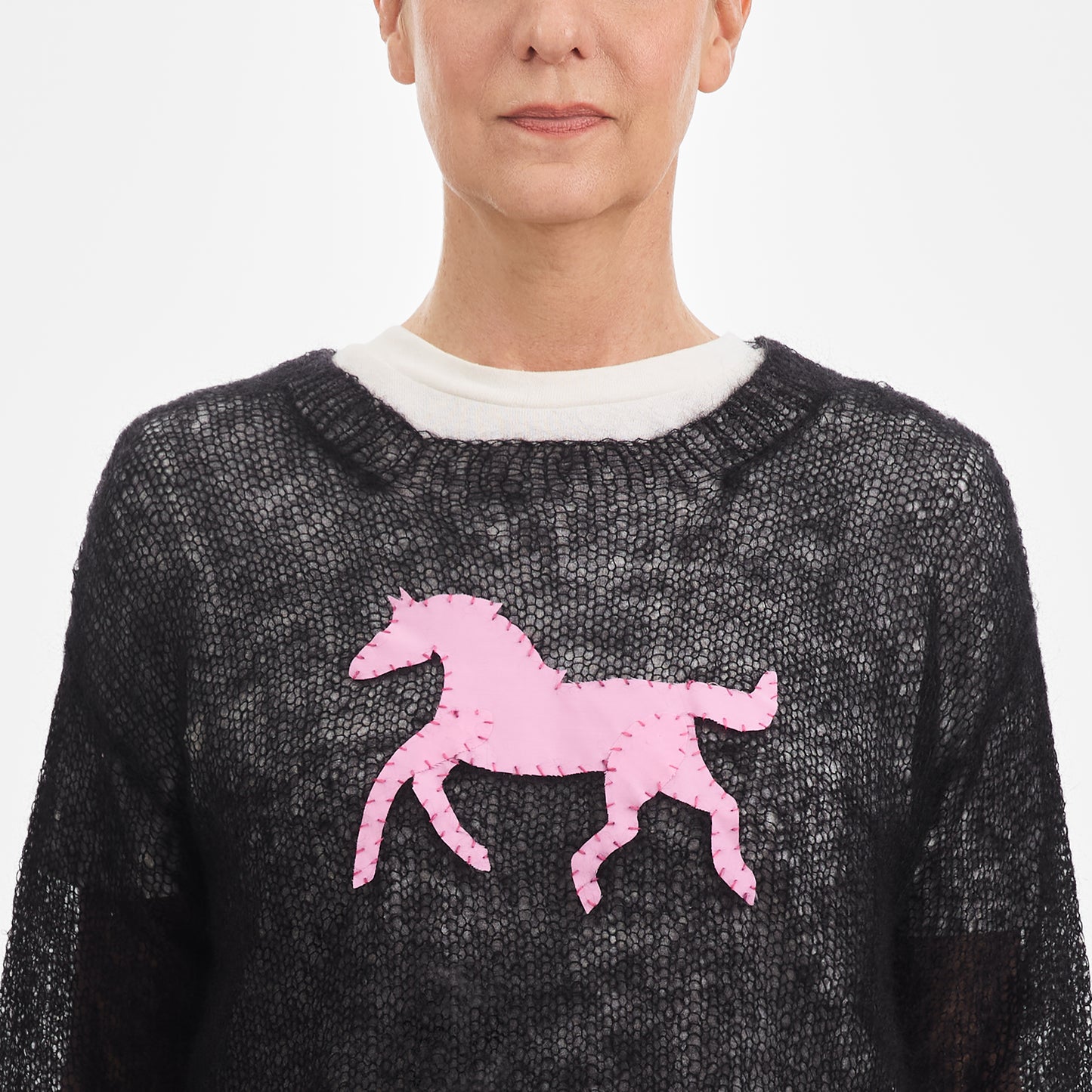 Black Mohair Handknit Pullover with Pink Pony