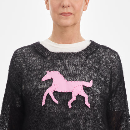 Black Mohair Handknit Pullover with Pink Pony
