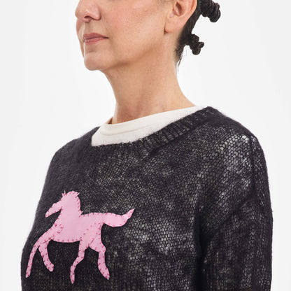 Black Mohair Handknit Pullover with Pink Pony